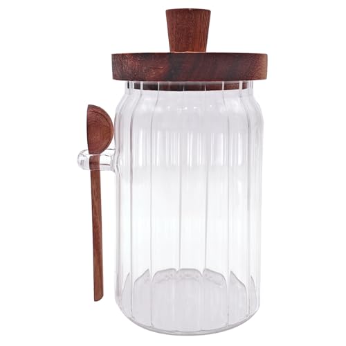 Coriario 30 OZ Glass Jar with Airtight Lid Spoon Ribbed Glass Storage Jars Wooden Lids Wide Mouth Glass Coffee Canister for Food Kitchen Candy Sugar Cookie Tea Decorative - color: Ribbed clear-30oz