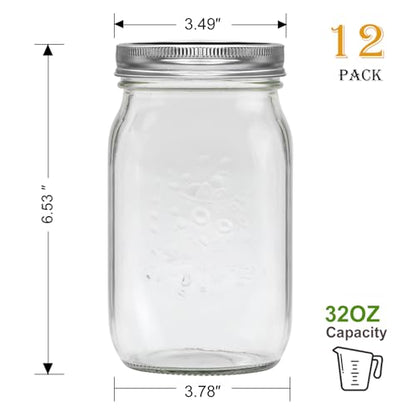 32 oz Wide Mouth Mason Jars, Clear Glass Mason Jars with Lids and Bands, 12 Pack Quart Size Canning Jars with Metal and Plastic Lids for Preserving, Meal Prep, Fermenting, Jam