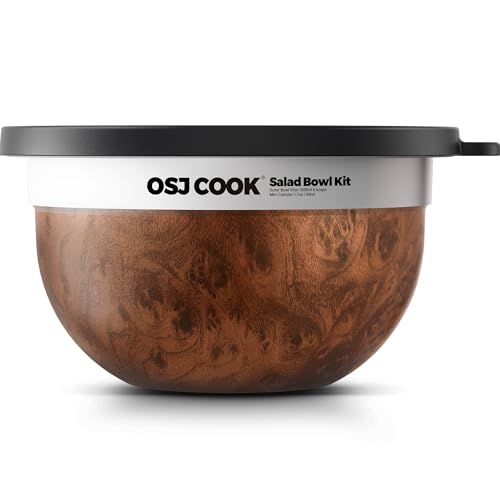 74oz Salad Bowl Kit with Lid & Tray, Scratch-Resistant 18/8 Stainless Steel Salad Bowls To Go For Lunch, Large Leak-Proof Container with 2 Condiment Canisters, Wood - color: Brown