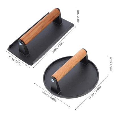 HOMSFOU 2pcs Cast Iron Grill Press with Wooden Handle for Steaks and Sandwiches, Heavy-Duty Meat Press with Grooved Bottom and Nonstick Surface, Safe for Stoves, Ovens, Grills,