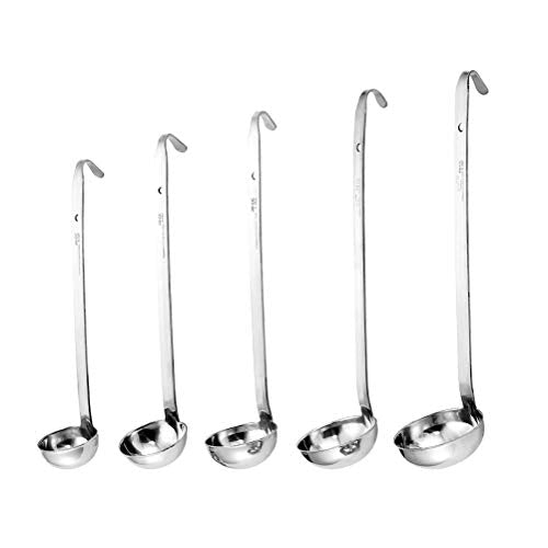 Stainless Steel Soup Ladle Set Long Handled Spoons with Pouring | Stainless Steel Material, 5 Pcs Hooked Handle Metal Ladles with Pouring Rim, 1oz 2oz 4oz 6oz 8oz Kitchen Cook