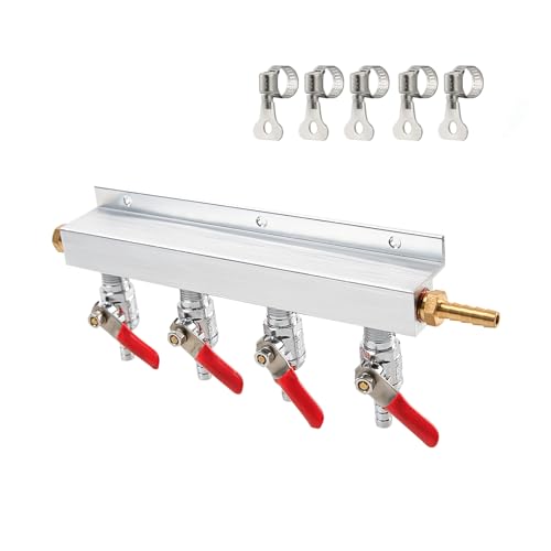 4-Way Gas Manifold CO2 Distributor Manifold 5/16 inch Barb/Stem Splitter Beer Integrated Check Valves Homebrew Beer Making Brewing Tool-CO2 gas input at RIGHT side+5CLAMPS - color: 4WAY,GAS INPUT AT RIGHT