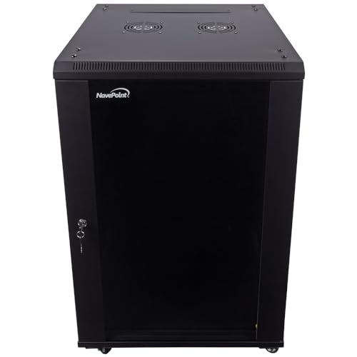 NavePoint 18U Server Cabinet Wall Mount Rack Enclosure with Caster Wheels, 2 Fans, Locking Glass Door, Removable Side Panels – 18U Network Cabinet 23.6” Deep, 19” Server Rack for IT Equipment - size: 18U - 600mm Depth