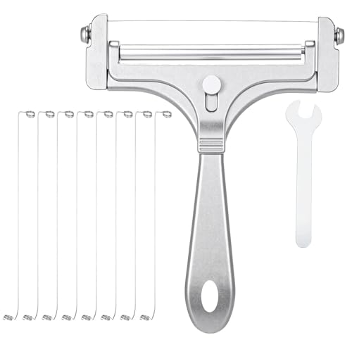 Adjustable Wire Cheese Slicer, Handheld Stainless Steel Cheese Cutter for Block Cheese with 8 Replacement Wires & Wrench, Rolling Cheeses Slicer for Block Butter Cutter