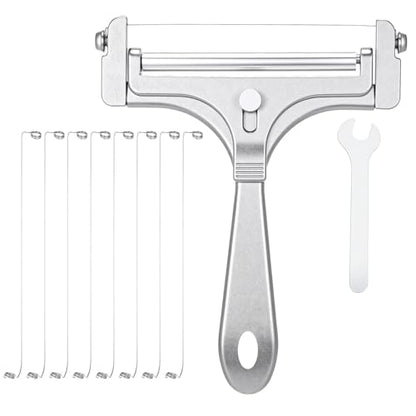 Adjustable Wire Cheese Slicer, Handheld Stainless Steel Cheese Cutter for Block Cheese with 8 Replacement Wires & Wrench, Rolling Cheeses Slicer for Block Butter Cutter