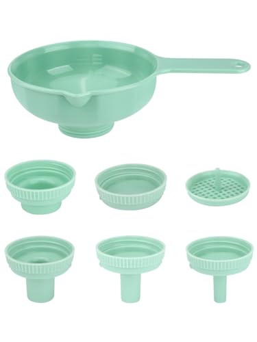 Wide Mouth Versatile Funnel, Canning Funnels for Kitchen Use, Food Grade Plastic Cooking Funnel Set with 4 Size Spouts and 2 Strainers for Filling Different Bottles and Bags, Blue