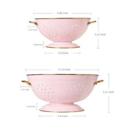 Metal Colander Set of 2, Strainer Basket with Handles 3.5 & 5 Qt Powder Coated Self-draining Solid Ring Base Metal Large Kitchen Colander Bowel for Pasta Vegetable Fruit (PINK) - color: M-PINK
