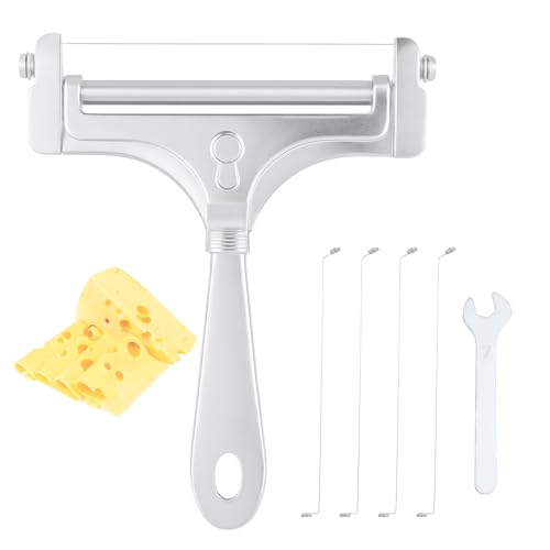 Stainless Steel Wire Cheese Slicer, Adjustable Hand Held Cheese Cutter with 4 Extra Wires & Wrench Food Slicer for Block Butter Cutter Tools Cheese Shaver for Mozzarella, Cheddar, Gruyere