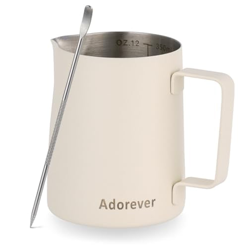 Milk Frothing Pitcher, 350ml/12oz Steaming Pitchers Stainless Steel Milk Coffee Cappuccino Latte Art Barista Steam Pitchers Milk Jug Cup with Decorating Art Pen, Matte White - color: D Matte White, size: 12 Ounces