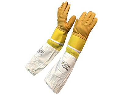 Massive Bee Cowhide Beekeeping Ventilated Cowhide Leather Gloves Yellow Rubber Cuff Then Yellow Mesh with Off white jeans - color: Simple Gloves, size: Small