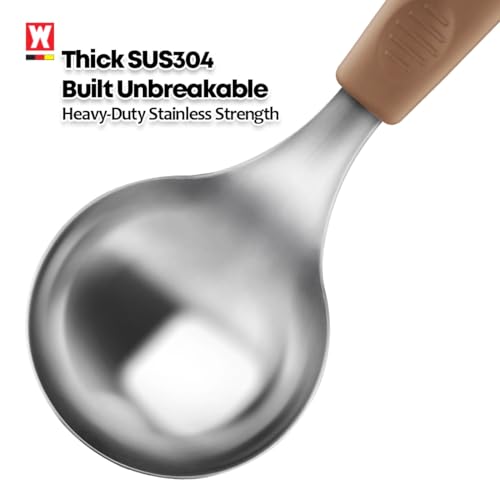 Short Stainless Steel Ladle 220mm (8.6”) – SUS304 Thick Deep Bowl Head with Soft-Grip Silicone Handle – Lightweight Mini Soup & Serving Spoon for Cooking – 5 Color Options (Brown) - color: Brown