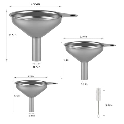Stainless Steel Kitchen Funnel, Large, Medium and Small Three-piece Set with Cleaning Brush, Mini Metal Kitchen Funnel, for Transferring Liquids and Small Solids, Spices, Essential Oils, Fluid Foods