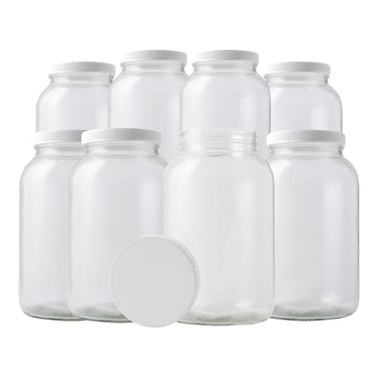 FastRack 1 Gallon Glass Jar with White Plastic Lid (8-Pack) | Wide Mouth Fermentation & Storage Jars | Food-Grade Glass for Kombucha, Pickling, Dry Goods & Bulk Food Storage - size: 8 Pack