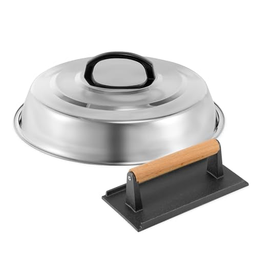 BBQ Accessories 12 Inch Round Stainless Steel Basting Cover - Cheese Melting Dome Rectangle Cast Iron Grill Press Kit for Hamburger Bacon Steak, Best for Blackstone Camp Chef Flat Top Griddle Grill - color: Rectangle Press