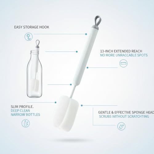 Long Handle Bottle Cleaning Brush with Soft Sponge Head for Deep Cups, Narrow Neck Bottles & Vases - 13 Inch - color: Gray