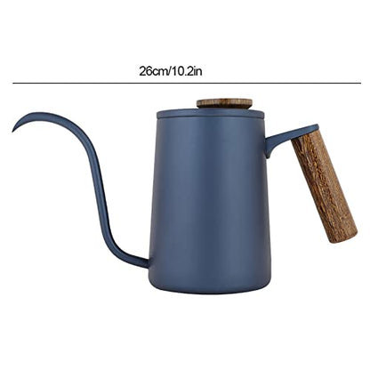 Fdit Gooseneck Coffee Kettle, Precision Pour Stovetop Drip Pot for Pour Over Tea 304 Stainless Steel Blue Wooden Handle Thermometer Lid Vent 600ml 1 Pack