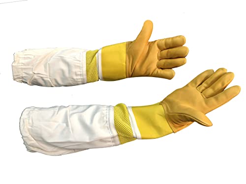 Massive Bee Cowhide Beekeeping Ventilated Cowhide Leather Gloves Yellow Rubber Cuff Then Yellow Mesh with Off white jeans - color: Simple Gloves, size: X-Large