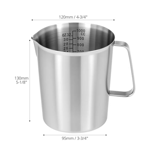 QWORK 304 Stainless Steel Measuring Cup 32 OZ with OZ/ML Graduations, 4 Cup Kitchen Mixing Pitcher, Precision Engraved Markings, Container for Baking and Frothing, 1 Liter