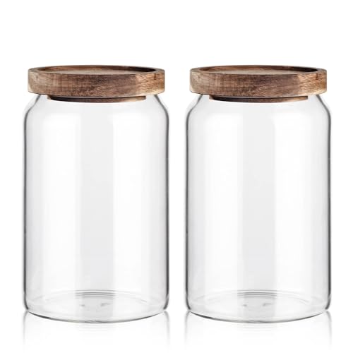 Labina Glass Storage Container Airtight Food Jars Kitchen Canister with Wood Lids, 33 Oz Wide Mouth Pantry Organization Glass Jar for Flour, Sugar, Cookie, Spagetti, Nuts and Candy (2 Pack) - size: A4: 33 Oz 2 pcs