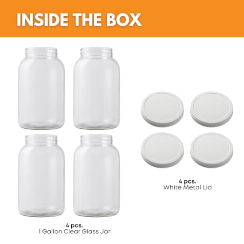 FastRack - One Gallon Wide Mouth Jar with White METAL Airtight Lid (Pack of 4) | Glass Canisters with Airtight Lids | Large Mouth Glass Jar with Fermentation Lid for brewing, fermentation and pickling - size: 4 Pack