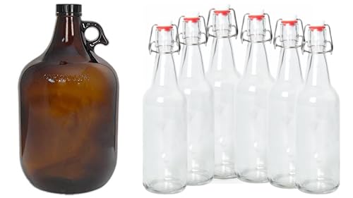 ICE N COLD 1 Gallon (128 oz) Amber Glass Jug With 38mm Cap with Pack of 6 Clear 16-20oz Growlers with Flip Top Airtight Silicone Seal For Beverages, Oil, Vinegar, Kombucha, Beer, Water, Soda, Kefir - color: 1 Amber Jug & 6 Clear Growlers