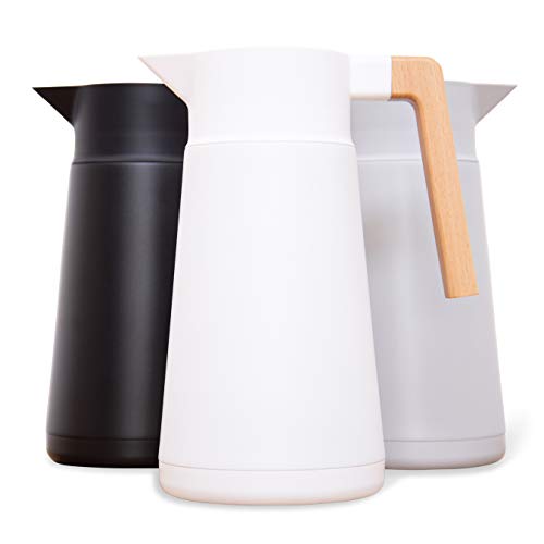 Thermal Coffee Carafe 68 Oz with Tea Infuser, Beechwood Handle, White | Hastings Collective, Stainless Steel Vacuum Insulated, Double Walled, Keeps Hot for Hours, BPA-Free Filter, Leak-Resistant - color: White