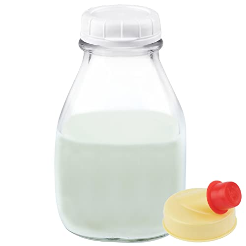 kitchentoolz 16 oz Glass Milk Bottle with Lid and Pour Spout – Small Glass Creamer Container for Refrigerator – Airtight Pint Milk Bottle for Coffee, Tea, and Liquid Storage