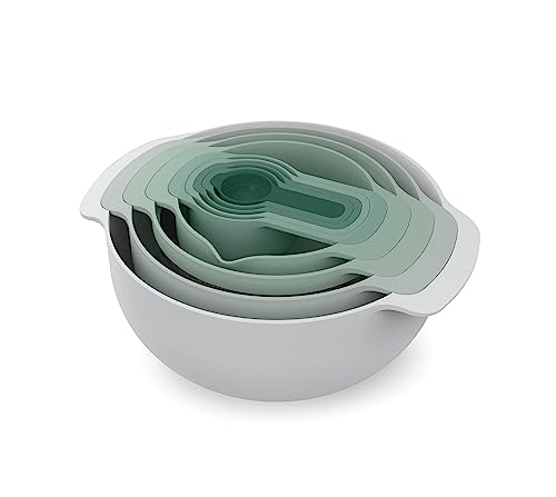 Joseph Joseph Nest 9 Plus, 9 Piece Compact Food Preparation Set with Mixing Bowls, Measuring cups, Sieve and Colander, Editions Range, Sage Green - color: Green, style: Plastic