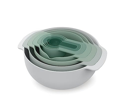 Joseph Joseph Nest 9 Plus, 9 Piece Compact Food Preparation Set with Mixing Bowls, Measuring cups, Sieve and Colander, Editions Range, Sage Green - color: Green, style: Plastic