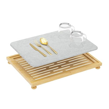 Golener Stone Drying Mat for Kitchen Counter, Dish Drying Pad with Bamboo Rack, Super Absorbent Diatomaceous Earth and Drying Rack, Multi-purpose Quick Drying Mat Rack for Kitchen, 16”x12”, Dark Grey