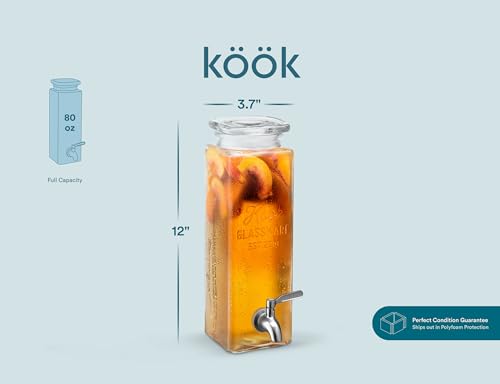 Kook Drink Dispenser, 80 oz, Water Dispenser Countertop, Glass Drink Dispenser, Beverage dispenser, with Leak-Proof Spigot, Clear Rectangular Jar, Storage for Party, Fridge, for Water, Iced Tea - size: Pack of 1