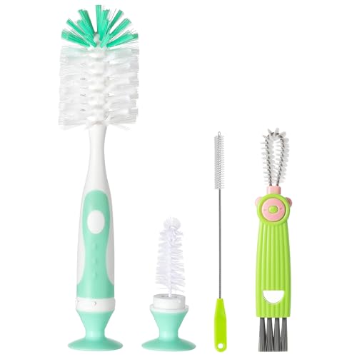 Ariseno 4-in-1 Baby Bottle Brush Set, Bottle Brush Cleaner, Bottle Cleaner Brush Set, Including Nylon Bottle Brush, Bottle Cap Brush, Straw Brush, Nipple Brush, BPA-Free (Green) - color: Green-nylon