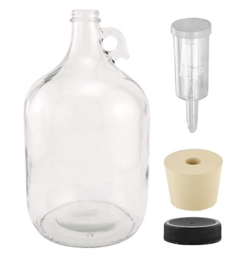 North Mountain Supply 1 Gallon Glass Fermenting Jug with Handle – Includes #6.5 Rubber Stopper, 3-Piece Airlock & Black Plastic Lid – Made in the USA