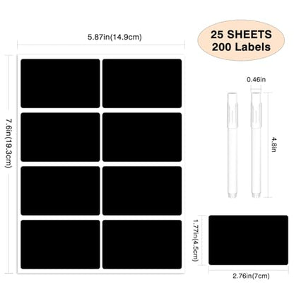 200 Chalkboard Labels, Removable Labels for Storage Bins Food Containers, Waterproof Reusable Blackboard Stickers, Label Stickers with 2 Liquid Chalk Marker for Spice Jars Pantry Mason Bottle