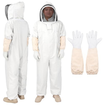 HARFINGTON 3Sets Bee Suit for Men and Women XXL Beekeeping Suits Outfit with Glove and Veil Hood Bee Suits for Men Proof Backyard Professional and Beginner Bee Keeper Thick, White - size: XXL