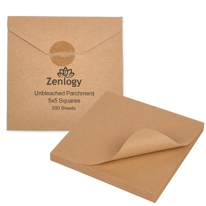 Zenlogy 5x5 Small Parchment Squares (300 sheets) - Unbleached, Non-stick, Pre-cut Parchment Paper- Ideal for Candy Wrappers, Liner Paper, Freezing and Storing, Separating, and Diamond Painting - size: 5x5 - 300 Sheets