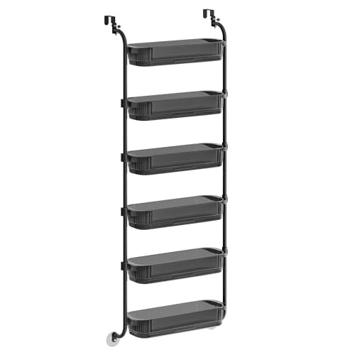 SONGMICS Over the Door Pantry Organizer, 6-Tier Kitchen Pantry Door Organizer with Adjustable Tall Baskets, Hanging Spice Rack, for Bedroom Bathroom Laundry Room, Transparent Black UKCS046BH01 - color: Transparent Black