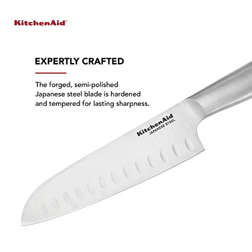 KitchenAid Gourmet Forged Stainless Steel Santoku Knife with Blade Cover, Sharp Kitchen Knife, High-Carbon Japanese Stainless Steel, 7 Inch, Brushed Stainless Steel - style: 7-Inch Santoku Knife