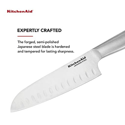 KitchenAid Gourmet Forged Stainless Steel Santoku Knife with Blade Cover, Sharp Kitchen Knife, High-Carbon Japanese Stainless Steel, 7 Inch, Brushed Stainless Steel - style: 7-Inch Santoku Knife