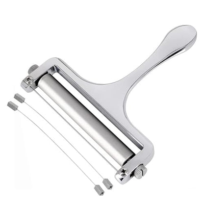 Heavy Duty Stainless Steel Cheese Slicer,Adjustable Thickness with 2 Extra Replacement Wires, Handheld Cheese Cutter for Soft & Hard Cheese, Butter, Cake (Silver)