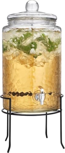 3 Gallon Glass Drink Dispenser with Metal Stand & Lid – Hammered Beverage Dispenser with Leakproof Spigot, Wide Mouth for Easy Fill – Ideal for Parties, Lemonade, Iced Tea, Sangria & More - color: Clear-3 Gallon