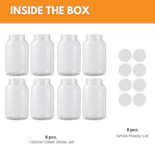 FastRack 1 Gallon Glass Jar with White Plastic Lid (8-Pack) | Wide Mouth Fermentation & Storage Jars | Food-Grade Glass for Kombucha, Pickling, Dry Goods & Bulk Food Storage - size: 8 Pack