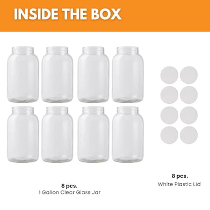 FastRack 1 Gallon Glass Jar with White Plastic Lid (8-Pack) | Wide Mouth Fermentation & Storage Jars | Food-Grade Glass for Kombucha, Pickling, Dry Goods & Bulk Food Storage - size: 8 Pack