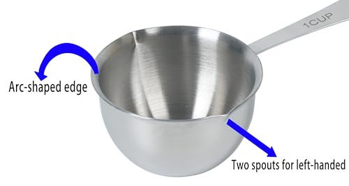 DOTINGHUX 1 Cup Stainless Steel Measuring Cup, 3 Types of Measurement Marks, Two Side Spouts, Dishwasher Safe, Compatible with All Cooktops