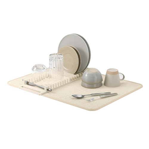 Umbra Udry Dish Rack and Microfiber Drying Mat – Space-Saving Design Folds Up for Easy Storage, Basic Rack, Linen - color: Linen, size: 24" x 18"