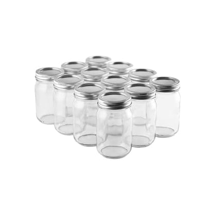 FastRack 16 oz Regular Mason Jars (Pack of 12) with 12 Lids & 1 Black Mason Jar Gripper | Glass Jars with Airtight Lids | Large Mouth Glass Jar for Food Storage, Canning, Fermentation, Pickling - size: 16oz - 12P