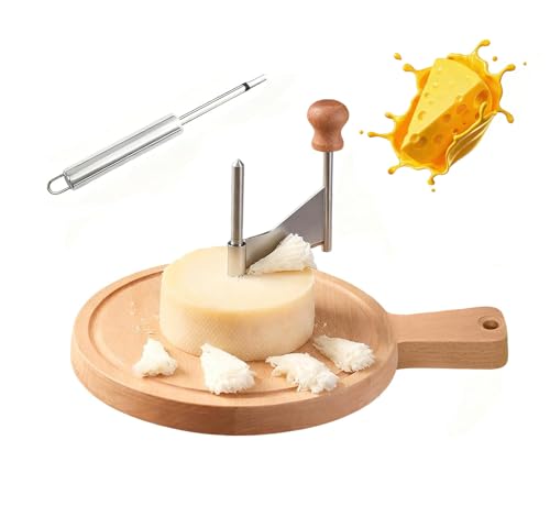 Cheese Curler Wheel, Stainless Steel Cheese Curler Wheel, Handheld Rotary Stainless Cutter Steel Blade and Wooden Base for Home Restaurants Cafes Bakery Dessert Shops