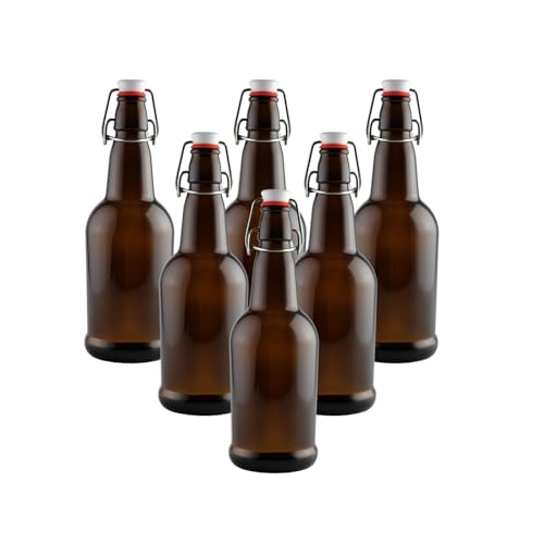 FastRack Swing Top Glass Bottles 16 oz – Pack of 6 | Amber Flip Top Glass Bottles with Airtight Lids | Resealable Grolsch-Style Fermentation Bottles for Kombucha, Beer, Mead, Soda, Vinegar & Water - color: Amber