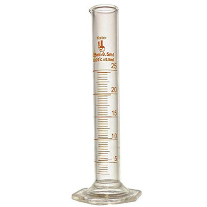 25ml Graduated Cylinder, Borosilicate 3.3 Glass, Single Metric Scale, Class B, Karter Scientific 233B2 (Single) - size: 25ml, style: Pack of 1
