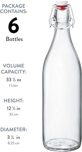 Bormioli Rocco Giara Swing Top Bottles 33 ¾ Ounce/1 Liter (6 Pack) ROUND Clear Glass Grolsch Flip Top Bottle With Stopper